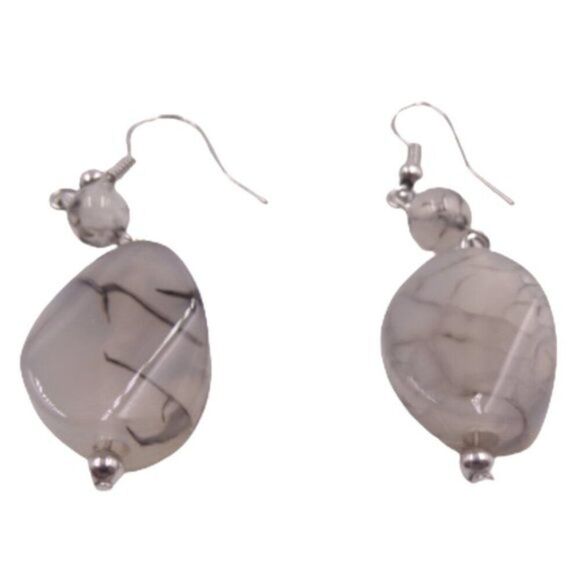 Marbled Acrylic Beaded Dangle Earrings on Silver-tone Coiled Fishhook Wire - Picture 8 of 8